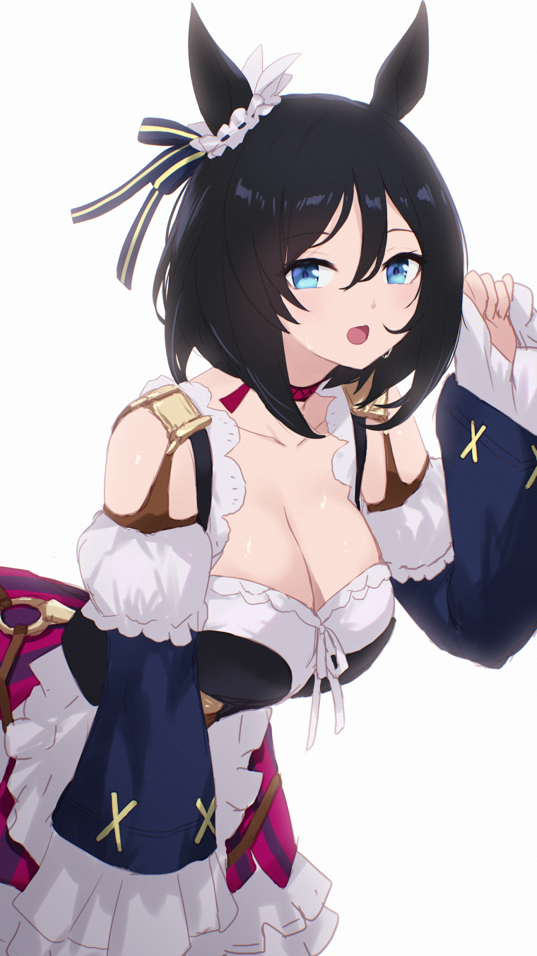 cait aron, eishin flash (umamusume), umamusume, highres, 1girl, animal ears, bare shoulders, black hair, blue eyes, blush, breasts, cleavage, dirndl, dress, ear scrunchie, german clothes, horse ears, horse girl, horse tail, large breasts, looking at viewer, open mouth, short hair, smile, solo, tail
