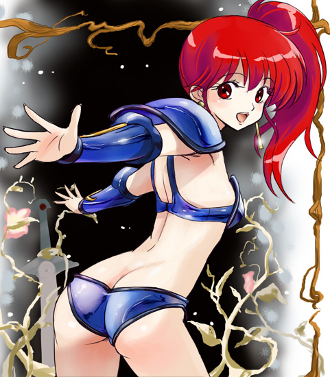 haruyama kazunori, asagiri youko, genmu senki leda, 1980s (style), 1girl, armor, ass, back, bikini armor, butt crack, female focus, long hair, oldschool, open mouth, ponytail, red eyes, red hair, retro artstyle, side ponytail, solo
