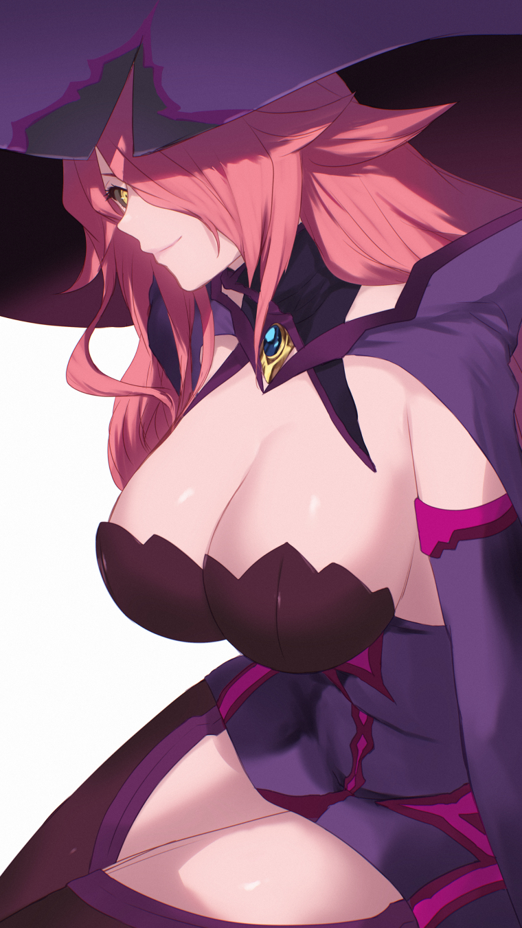 cait aron, konoe a. mercury, blazblue, highres, 1girl, bare shoulders, black sclera, breasts, cape, cleavage, colored sclera, dress, hair over one eye, hat, large breasts, long hair, long sleeves, looking at viewer, pink hair, purple cape, purple hat, smile, solo, witch, witch hat, yellow eyes