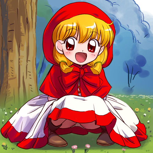 haruyama kazunori, chacha, chacha (akazukin chacha), akazukin chacha, lowres, 1990s (style), 1girl, female focus, hood, panties, pantyshot, retro artstyle, solo, underwear