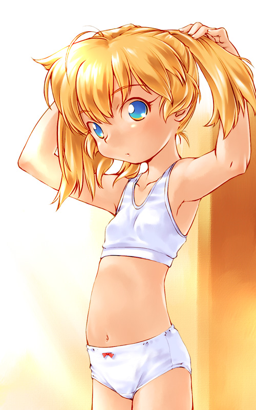 popuri, popuri (fushigi mahou fun fun pharmacy), fushigi mahou fun fun pharmacy, 1990s (style), 1girl, blonde hair, blue eyes, bow, bow panties, bra, female focus, flat chest, lingerie, panties, retro artstyle, solo, sports bra, training bra, twintails, underwear, underwear only, white bra, white panties