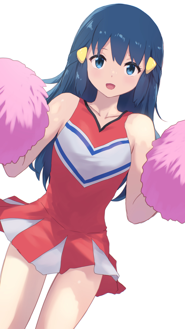 cait aron, dawn (pokemon), nintendo, pokemon, pokemon dppt, highres, 1girl, bare shoulders, blue eyes, blue hair, breasts, cheerleader, dress, long hair, looking at viewer, open mouth, pom pom (cheerleading), red dress, sidelocks, small breasts, smile, solo, thighs