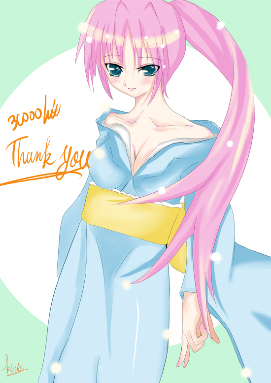 forest2487, signum, lyrical nanoha, mahou shoujo lyrical nanoha, mahou shoujo lyrical nanoha a's, mahou shoujo lyrical nanoha strikers, 00s, bare shoulders, blue eyes, blush, japanese clothes, kimono, pink hair, solo