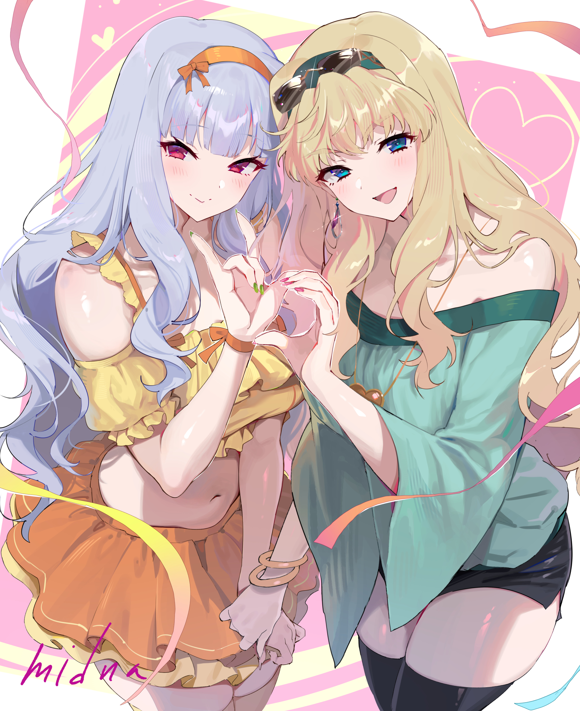 midnamana, sheryl nome, shijou takane, idolmaster, idolmaster (classic), macross, macross frontier, commentary request, highres, 2girls, m/, aqua shirt, artist name, black skirt, black thighhighs, blonde hair, blush, crossover, earrings, fingernails, frilled shirt collar, frills, grey hair, half-heart hands, heart, holding hands, jewelry, long hair, multiple girls, nail polish, navel, off-shoulder shirt, off shoulder, orange skirt, ribbon, shirt, skirt, smile, stomach, thighhighs, very long hair, yellow shirt
