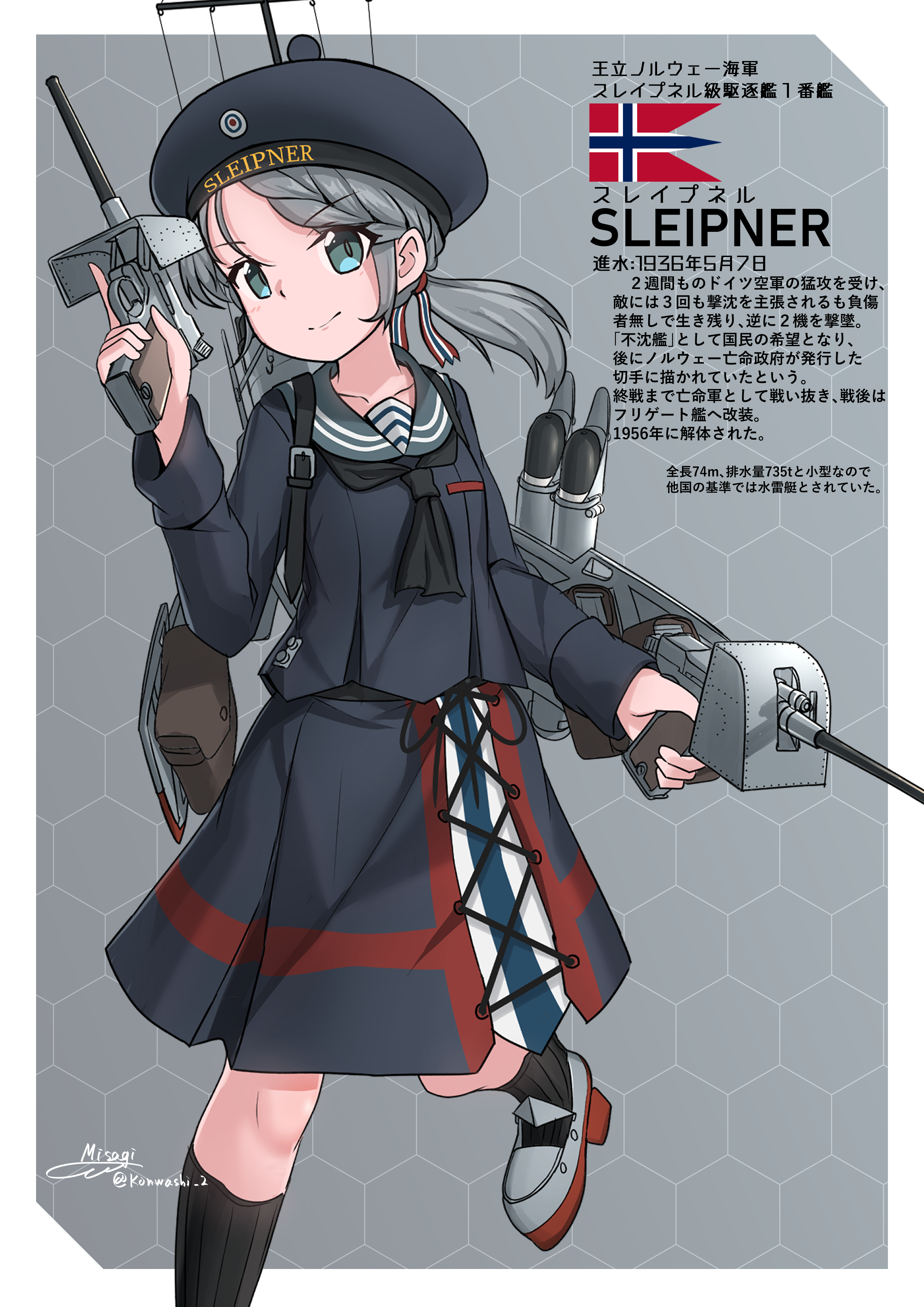 teisei misagi, original, absurdres, highres, translation request, 1girl, adapted turret, aqua eyes, black neckerchief, black socks, braid, braided bangs, cannon, destroyer, grey hair, gun, hair ribbon, handgun, hat, lahti l-35, long hair, long sleeves, low ponytail, mecha musume, military vehicle, neckerchief, norwegian flag, personification, ponytail, ribbon, rigging, sailor hat, ship, skirt, socks, solo, torpedo, torpedo tubes, warship, watercraft, weapon