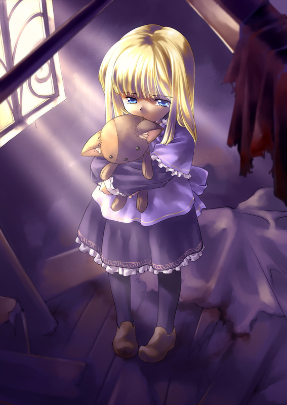 sayuri (gad guard), gad guard, 00s, 1girl, blonde hair, blue eyes, child, female focus, solo, stuffed animal, stuffed cat, stuffed toy, tears