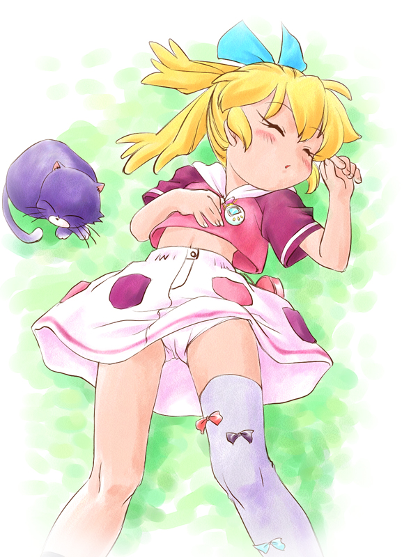 myuracchi (ayashii hon'ya), myuratch, popuri, popuri (fushigi mahou fun fun pharmacy), fushigi mahou fun fun pharmacy, 1990s (style), 1girl, blush, cameltoe, female focus, flat chest, loli, panties, pantyshot, retro artstyle, sleeping, solo, thighhighs, underwear, upskirt