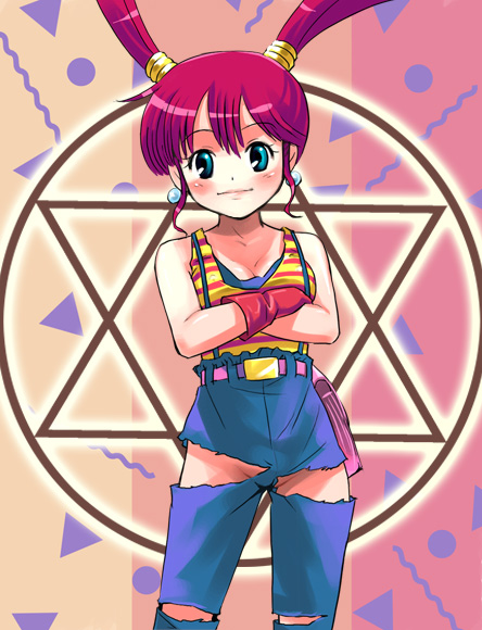 haruyama kazunori, spin (magical hat), magical hat, blue eyes, blush, earrings, hexagram, jewelry, magic circle, no panties, purple hair, solo, suspenders, torn clothes, twintails