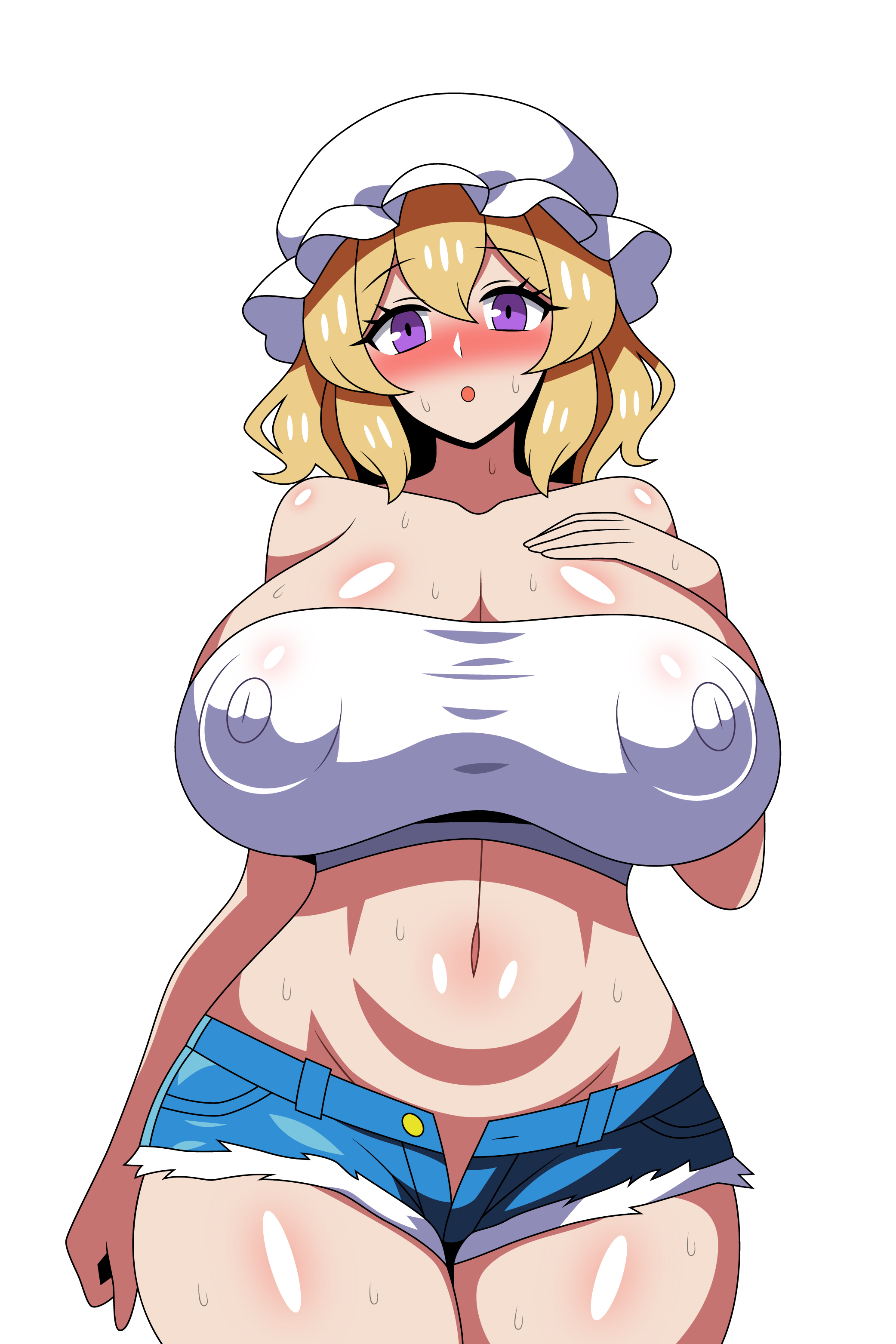 ssaf seibeupail, maribel hearn, touhou, absurdres, commentary request, highres, 1girl, :o, bare arms, blonde hair, blue shorts, blush, breasts, cleavage, collarbone, covered erect nipples, cowboy shot, curvy, denim, denim shorts, double-parted bangs, hair between eyes, hand on own chest, hat, huge breasts, looking at viewer, micro shorts, mob cap, navel, open fly, open mouth, purple eyes, shiny skin, short hair, shorts, simple background, solo, stomach, strapless, sweat, thick thighs, thighs, tube top, very sweaty, white background, white hat, white tube top, wide hips