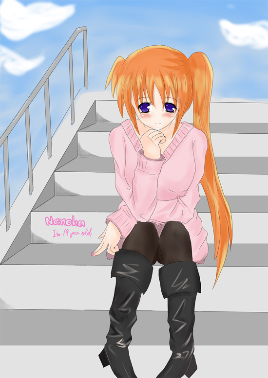 forest2487, takamachi nanoha, lyrical nanoha, mahou shoujo lyrical nanoha, mahou shoujo lyrical nanoha strikers, 00s, 1girl, blush, boots, brown hair, female focus, pantyhose, ponytail, purple eyes, side ponytail, sitting, sitting on stairs, solo, stairs, sweater