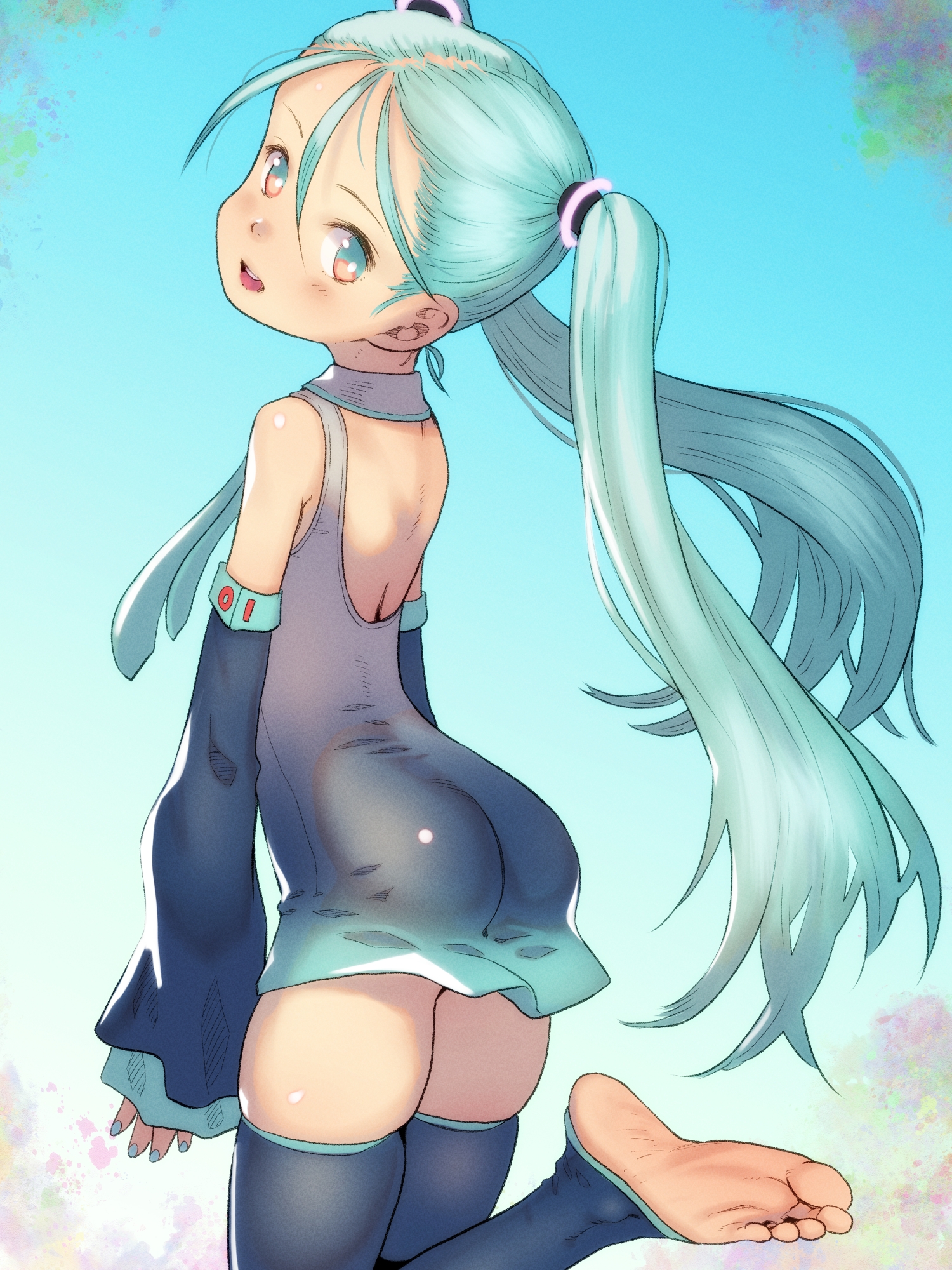 soon (c-u-soon), hatsune miku, vocaloid, highres, 1girl, barefoot, blue eyes, blue hair, feet, long hair, looking at viewer, open mouth, soles, toes, twintails