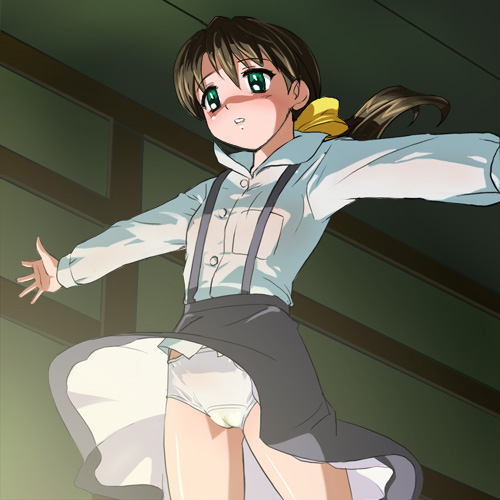 haruyama kazunori, miyanoshita kayako, gakkou no kaidan (anime), lowres, 00s, 1girl, blouse, blush, bow, brown eyes, brown hair, cameltoe, covered erect nipples, female focus, loli, nipples, outstretched arms, panties, pantyshot, pee stain, ponytail, see-through clothes, shirt, skirt, skirt flip, solo, spread arms, stain, stained panties, suspenders, underwear, upskirt, white panties, wind, wind lift