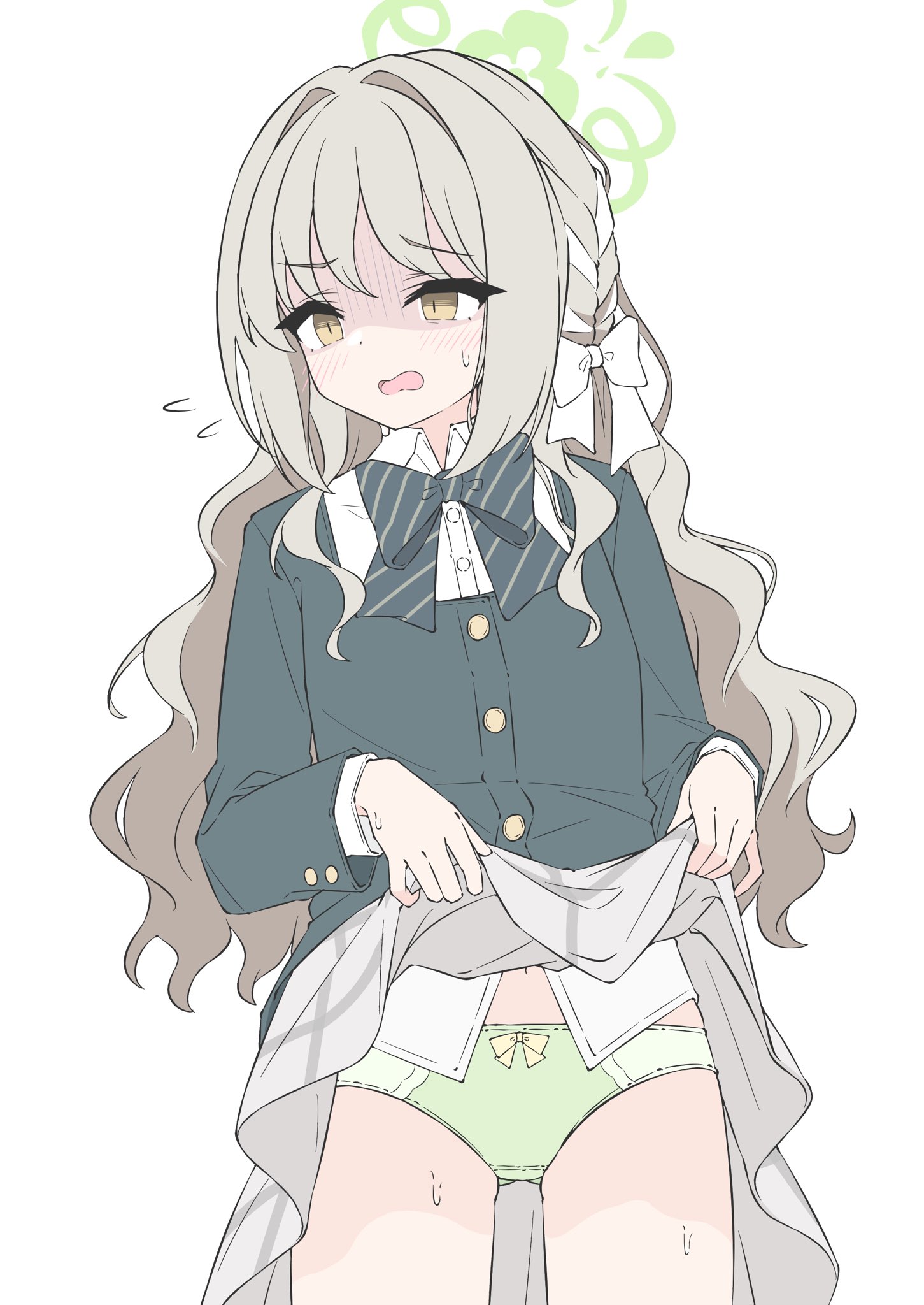 mizusaki (kn27), miyo (blue archive), blue archive, highres, 1girl, black bow, black bowtie, black jacket, bow, bow panties, bowtie, cowboy shot, crotch seam, embarrassed, flying sweatdrops, green panties, grey hair, grey skirt, hair intakes, jacket, light blush, long hair, long sleeves, looking to the side, open mouth, panties, plaid clothes, plaid skirt, shaded face, shirt, sidelocks, simple background, skirt, skirt hold, solo, sweat, underwear, very long hair, white background, white shirt, yellow eyes