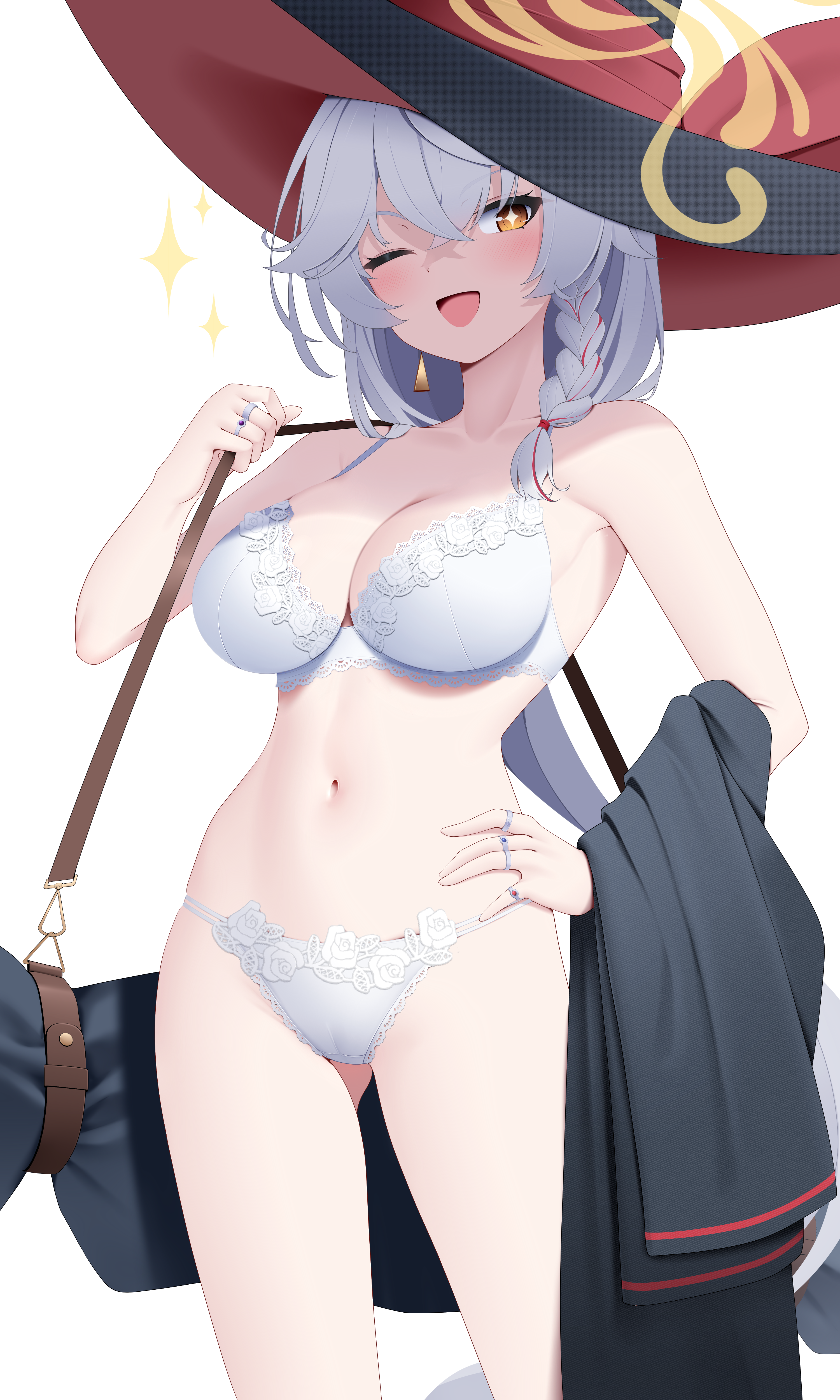 z.taiga, eri (blue archive), blue archive, absurdres, commentary, highres, variant set, + +, 1girl, bra, braid, breasts, cleavage, grey hair, halo, hand on own hip, hat, jewelry, large breasts, long hair, low ponytail, multiple rings, navel, one eye closed, open mouth, orange eyes, panties, ponytail, ring, side braid, simple background, single braid, smile, solo, sparkle, underwear, underwear only, white background, white bra, white panties, witch hat, yellow halo