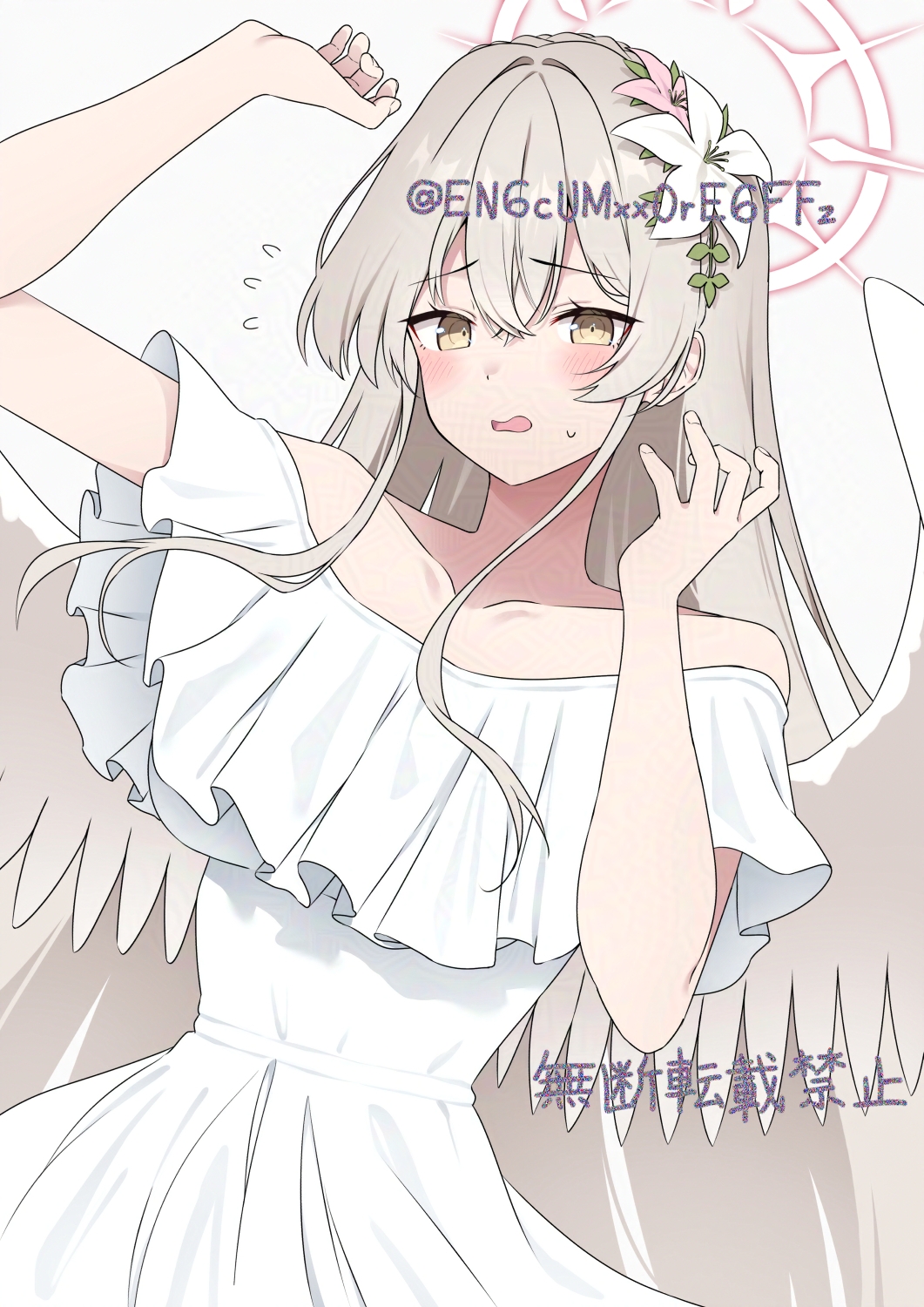 yamano rokamizu, nagisa (blue archive), blue archive, adversarial noise, commentary, highres, 1girl, alternate costume, angel wings, arm up, bare arms, bare shoulders, blush, braid, brown hair, collarbone, copyright notice, crossed bangs, crown braid, curled fingers, d:, dress, dutch angle, embarrassed, feathered wings, fingernails, flower, flying sweatdrops, frilled dress, frills, furrowed brow, hair between eyes, hair flower, hair intakes, hair ornament, halo, long hair, looking at viewer, off-shoulder dress, off shoulder, open mouth, pink flower, pink halo, simple background, sleeveless, sleeveless dress, solo, sweatdrop, twitter username, upper body, very long hair, white background, white dress, white flower, white wings, wings, yellow eyes