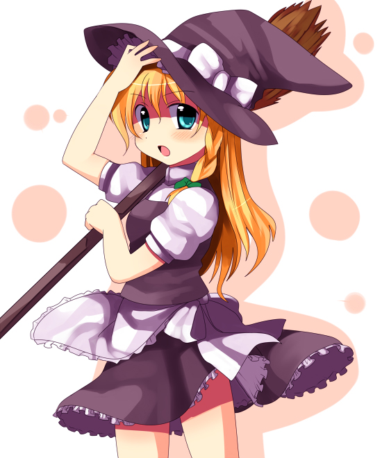 subaru (yachika), kirisame marisa, touhou, eyebrows, 1girl, :o, apron, black hat, black skirt, black vest, blonde hair, blue eyes, blush, bow, braid, broom, carrying over shoulder, cowboy shot, female focus, frilled apron, frills, green bow, hair between eyes, hair bow, hand on headwear, hat, hat bow, hat ribbon, holding, holding broom, long hair, looking at viewer, open mouth, ribbon, shirt, short sleeves, skirt, solo, standing, turtleneck, vest, waist apron, white apron, white background, white bow, white ribbon, white shirt, witch hat