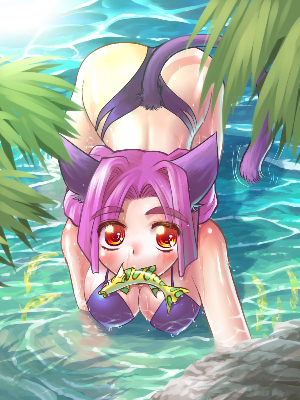 r-ex, original, bad id, bad pixiv id, highres, 1girl, animal ears, bikini, blush, breasts, cat ears, cat tail, covered erect nipples, female focus, fish, large breasts, mouth hold, purple bikini, purple hair, red eyes, short hair, solo, swimsuit, tail, water, wet