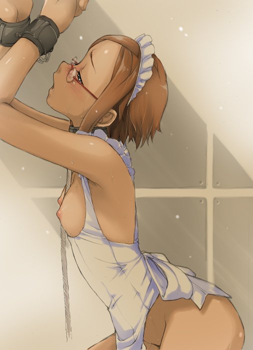 sakura kotetsu, original, 1girl, apron, armpits, arms up, bdsm, bondage, bound, breasts, breasts out, collar, cuffs, female focus, glasses, handcuffs, maid, maid apron, maid headdress, medium breasts, naked apron, nipples, open mouth, orange hair, rope, short hair, sideboob, slave, solo