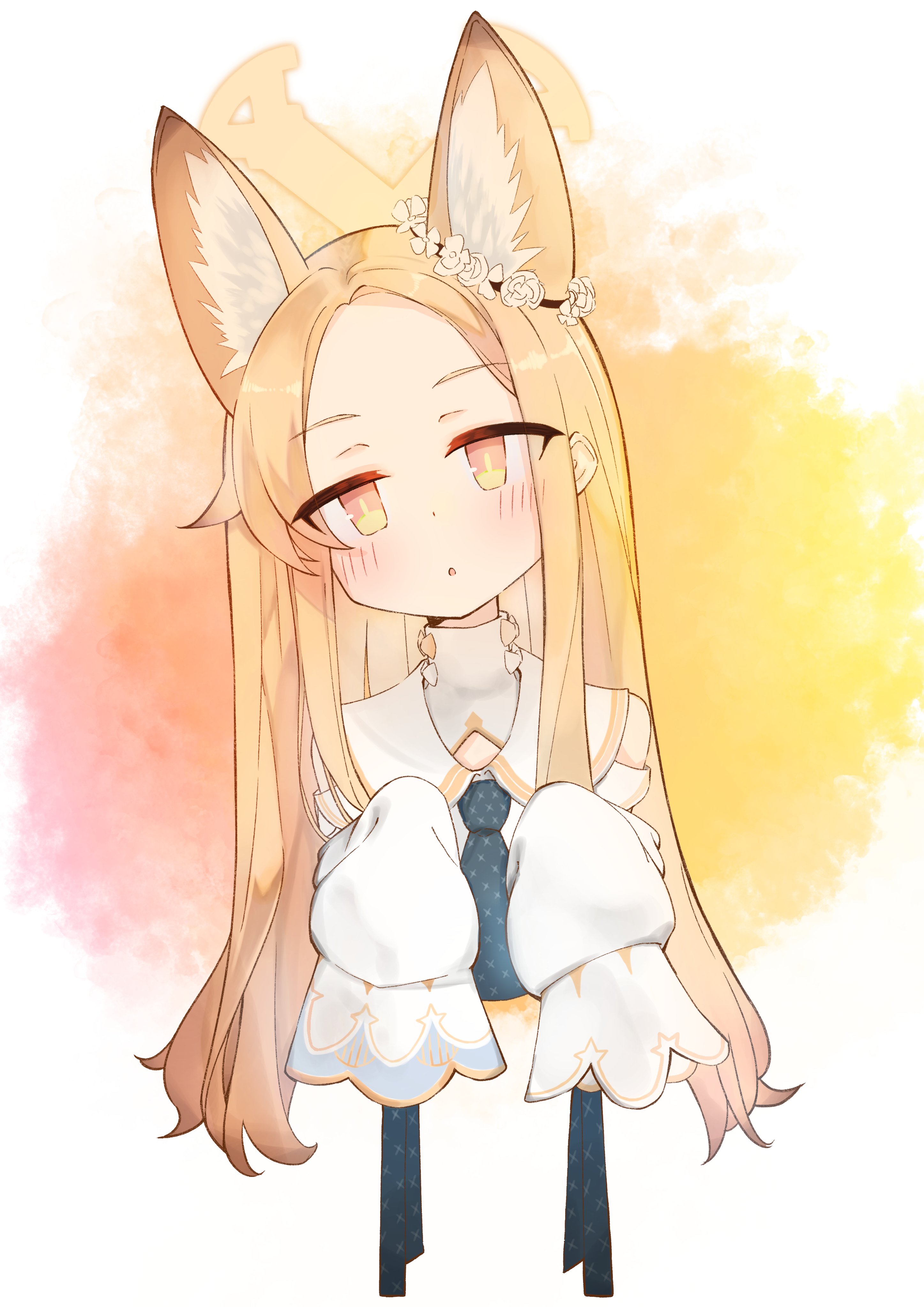 r32532107, seia (blue archive), blue archive, absurdres, commentary, highres, 1girl, :o, animal ear fluff, animal ears, bare shoulders, blonde hair, blush, bright pupils, cropped torso, cross halo, detached sleeves, dress, extra ears, forehead, fox ears, fox girl, halo, hands up, head tilt, long hair, open mouth, orange eyes, parted bangs, sidelocks, simple background, sleeveless, sleeveless dress, sleeves past fingers, sleeves past wrists, slit pupils, solo, straight hair, two-tone background, very long hair, white background, white dress, white pupils, yellow background, yellow halo