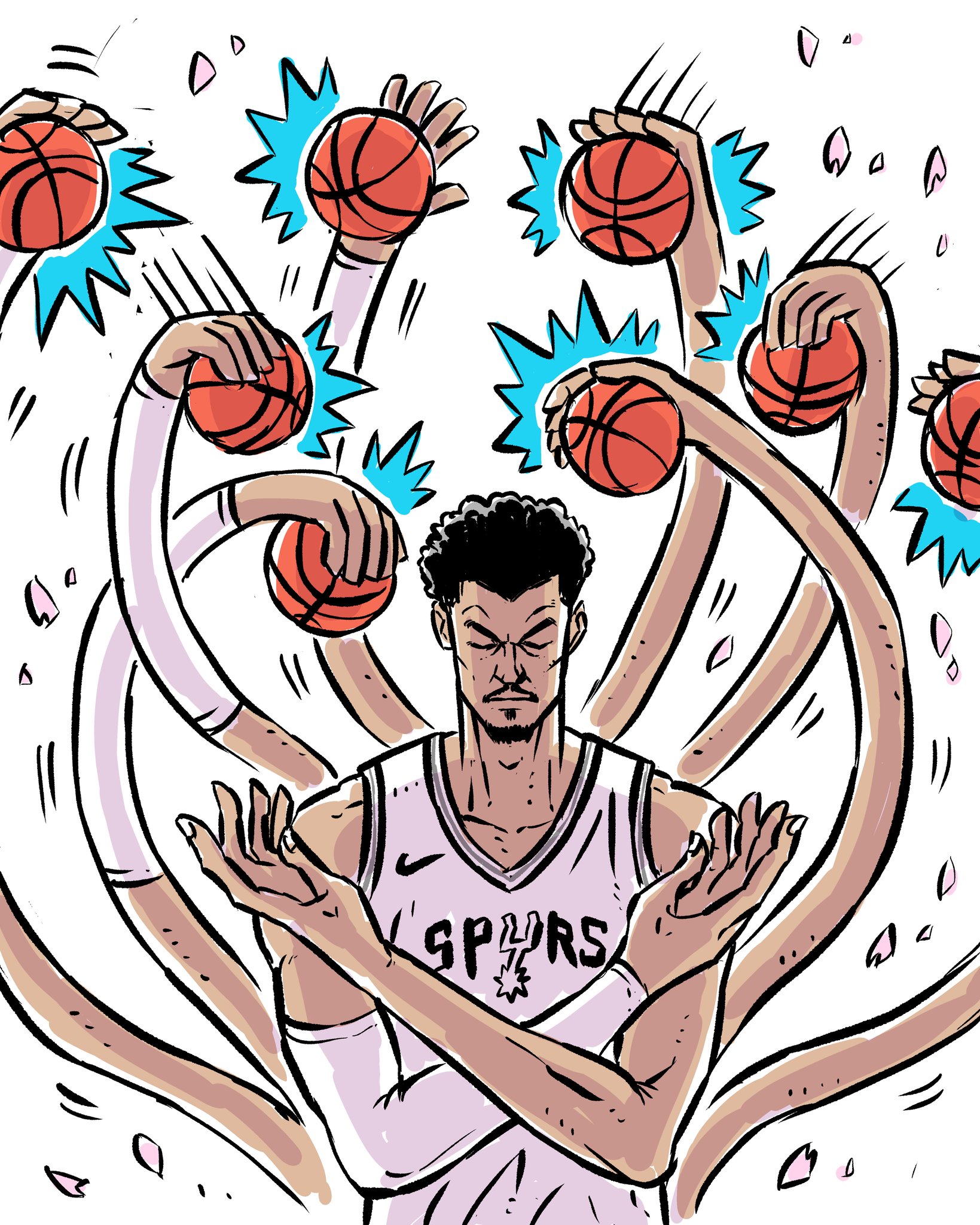 luckymong, nico robin, one piece, real life, commentary, highres, 1boy, ball, basketball (object), basketball uniform, black hair, closed eyes, crossed arms, devil fruit power, extra arms, facial hair, goatee, mustache, petals, simple background, sportswear, upper body, victor wembanyama, white background
