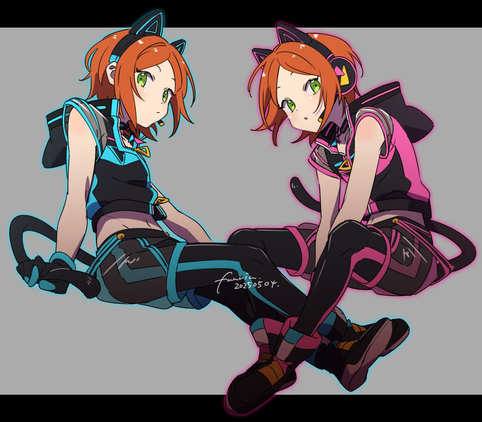 fuurin (sior fr), aoi hinata, aoi yuta, ensemble stars!, highres, 2boys, 2wink (ensemble stars!), animal ear headphones, animal ears, artist name, black gloves, black jacket, black leggings, brothers, cat ear headphones, cat tail, cropped jacket, dated, fake animal ears, full body, gloves, green eyes, headphones, high collar, hood, hooded jacket, jacket, leggings, letterboxed, looking at viewer, male focus, midriff, multicolored jacket, multiple boys, orange hair, parted bangs, see-through clothes, see-through shorts, see-through sleeves, short hair, short sleeves, shorts, siblings, simple background, tail, twins, zipper
