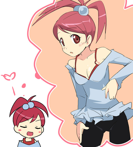 ixy, 1girl, :o, bare shoulders, bra, breasts, cleavage, collarbone, contrapposto, controller, hair bobbles, hair ornament, heart, long sleeves, looking at viewer, off-shoulder, off-shoulder sweater, off shoulder, open mouth, red bra, red eyes, red hair, short hair, standing, sweater, underwear