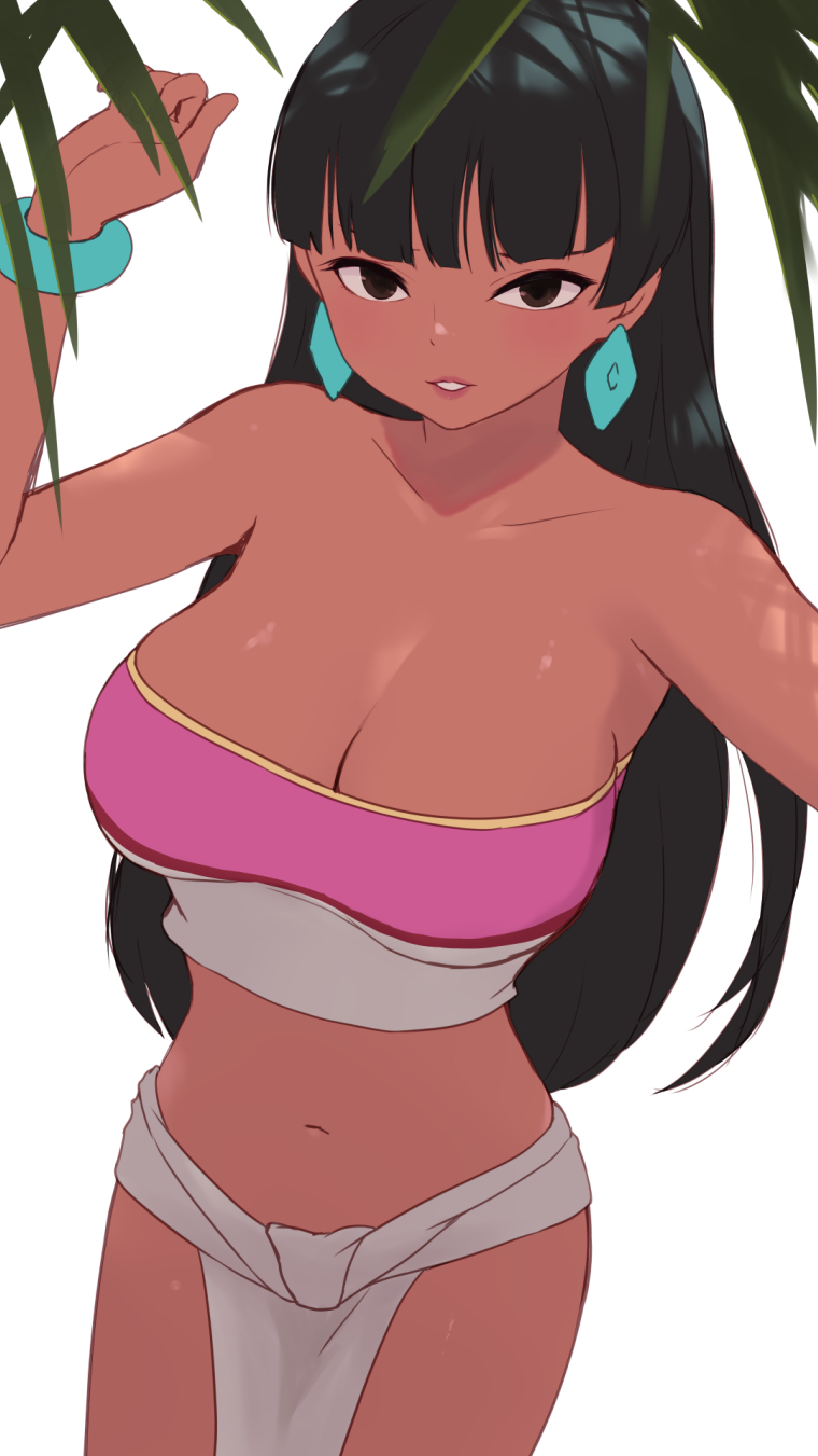 cait aron, chel (el dorado), the road to el dorado, highres, 1girl, bare shoulders, black hair, blush, bracelet, breasts, brown eyes, cleavage, dark-skinned female, dark skin, earrings, jewelry, large breasts, loincloth, long hair, looking at viewer, navel, pelvic curtain, pink tube top, smile, solo, strapless, thighs, tube top