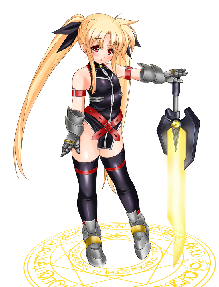 nagii, bardiche (nanoha), bardiche (riot blade) (nanoha), fate testarossa, fate testarossa (true sonic form), lyrical nanoha, mahou shoujo lyrical nanoha, mahou shoujo lyrical nanoha a's, mahou shoujo lyrical nanoha strikers, 00s, energy sword, magic circle, solo, standing, standing on magic circle, sword, thighhighs, weapon
