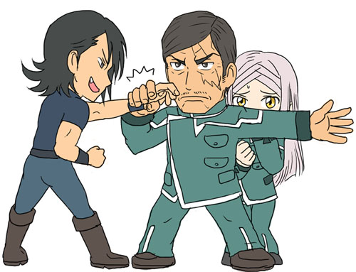 allelujah haptism, sergei smirnov, soma peries, gundam, gundam 00, lowres, 00s, 1girl, 2boys, full body, multiple boys, simple background, white background