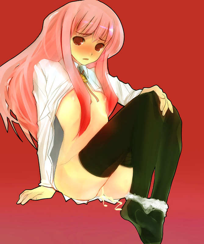 takashima, louise francoise le blanc de la valliere, zero no tsukaima, 00s, 1girl, aftersex, black thighhighs, blush, bottomless, brooch, censored, clothes lift, convenient censoring, cum, cum in pussy, cumdrip, dress shirt, embarrassed, female focus, flat chest, hair censor, hair over breasts, inverted nipples, jewelry, loli, long hair, looking at viewer, nipples, no bra, open mouth, panties, panty pull, pink hair, puffy nipples, red eyes, shirt, shirt lift, simple background, sitting, solo, thighhighs, underwear, white panties
