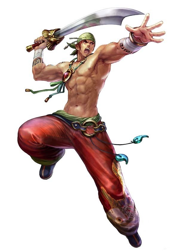 kawano takuji, hong yun-seong, soul calibur, soulcalibur iv, official art, 1boy, male focus, pants, pirate, solo, sword, topless male, weapon, white background