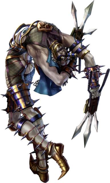 kawano takuji, voldo, soul calibur, soulcalibur, soulcalibur iv, official art, 1boy, creepy, dagger, from behind, jamadhar, katar, knife, male focus, mask, push dagger, simple background, solo, weapon, white background
