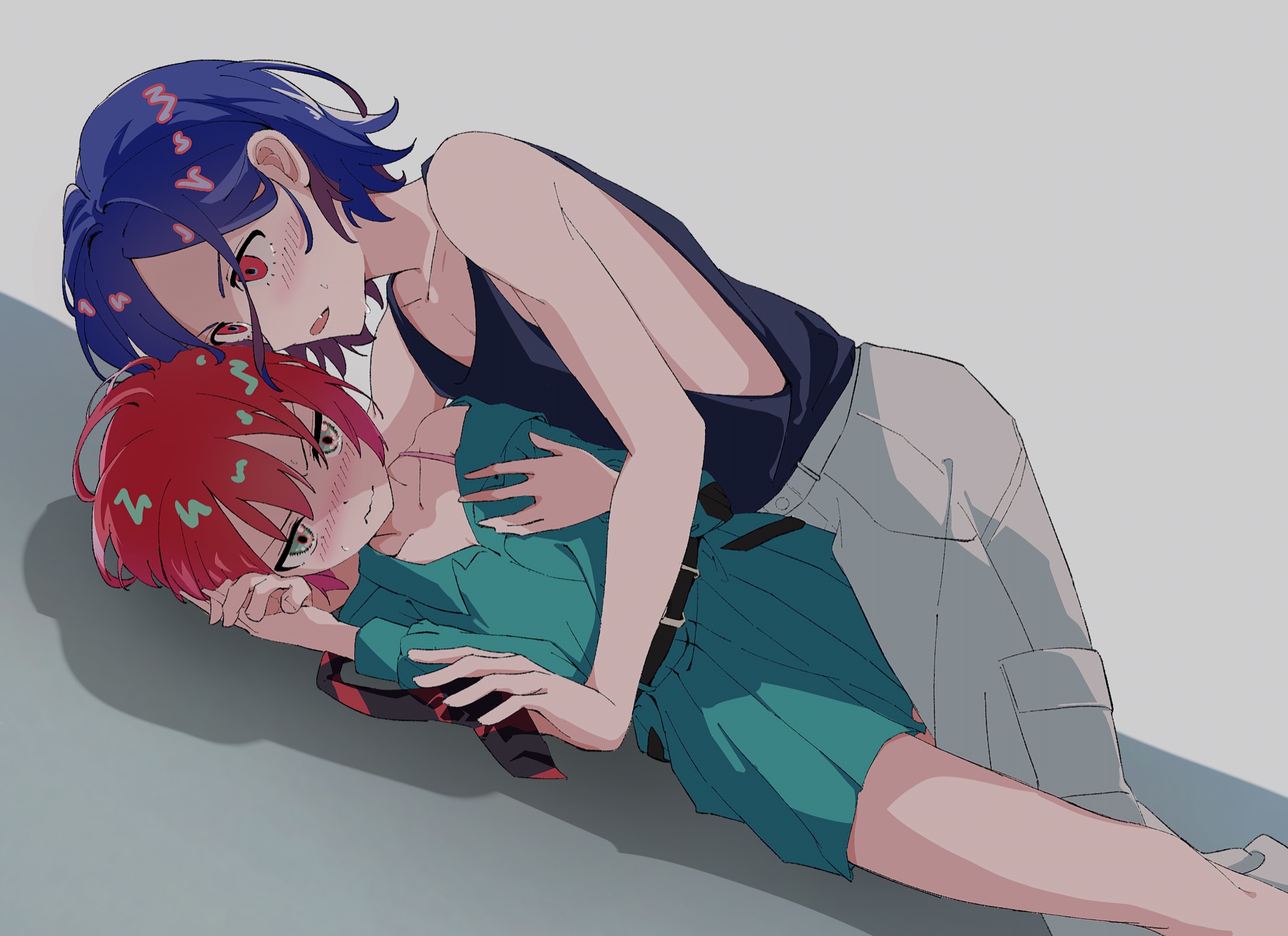 amate yuzuriha, shuji ito, gundam, gundam gquuuuuux, highres, 1boy, 1girl, aqua eyes, aqua shirt, aqua skirt, blue hair, blush, boy on top, bra, breasts, closed mouth, colored inner hair, couple, hetero, long sleeves, multicolored hair, necktie, oitea tya, open mouth, purple hair, red eyes, red hair, school uniform, shirt, short hair, skirt, tank top, two-tone hair, underwear