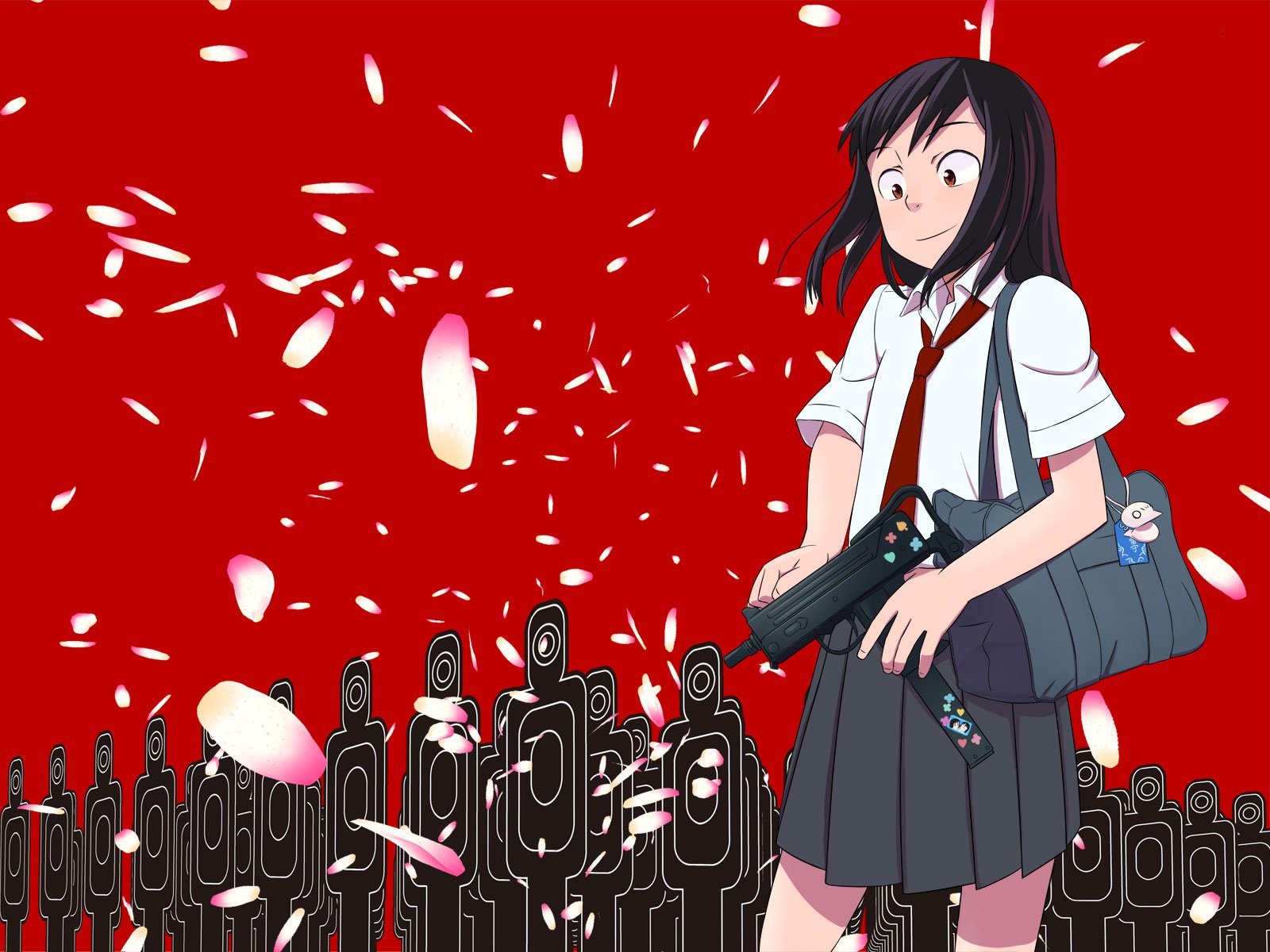 amagasaki, original, bad id, bad pixiv id, highres, 1girl, black hair, brown eyes, female focus, gun, mac-10/11, school uniform, serafuku, solo, submachine gun, weapon