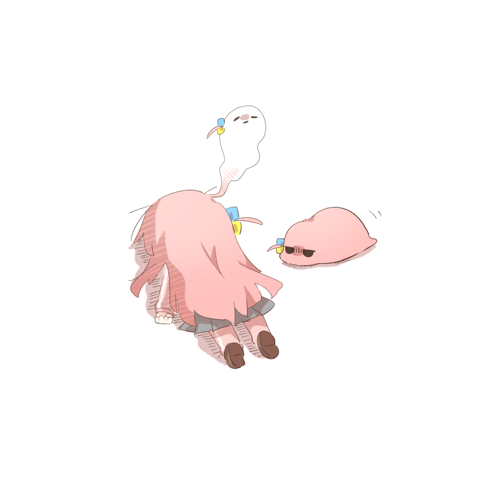 rebecca (keinelove), gotoh hitori, gotoh hitori (tsuchinoko), bocchi the rock!, commentary request, 1girl, chibi, chibi only, cube hair ornament, full body, giving up the ghost, grey skirt, hair ornament, long hair, lying, on stomach, pink hair, pleated skirt, shoes, simple background, skirt, white background