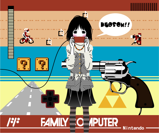 kasuya nagato, excitebike, mario (series), nintendo, bad id, bad pixiv id, 1girl, ? block, black eyes, black hair, famicom, female focus, game console, gun, handgun, light gun, pantyhose, playing games, revolver, solo, triforce, video game, weapon, wire