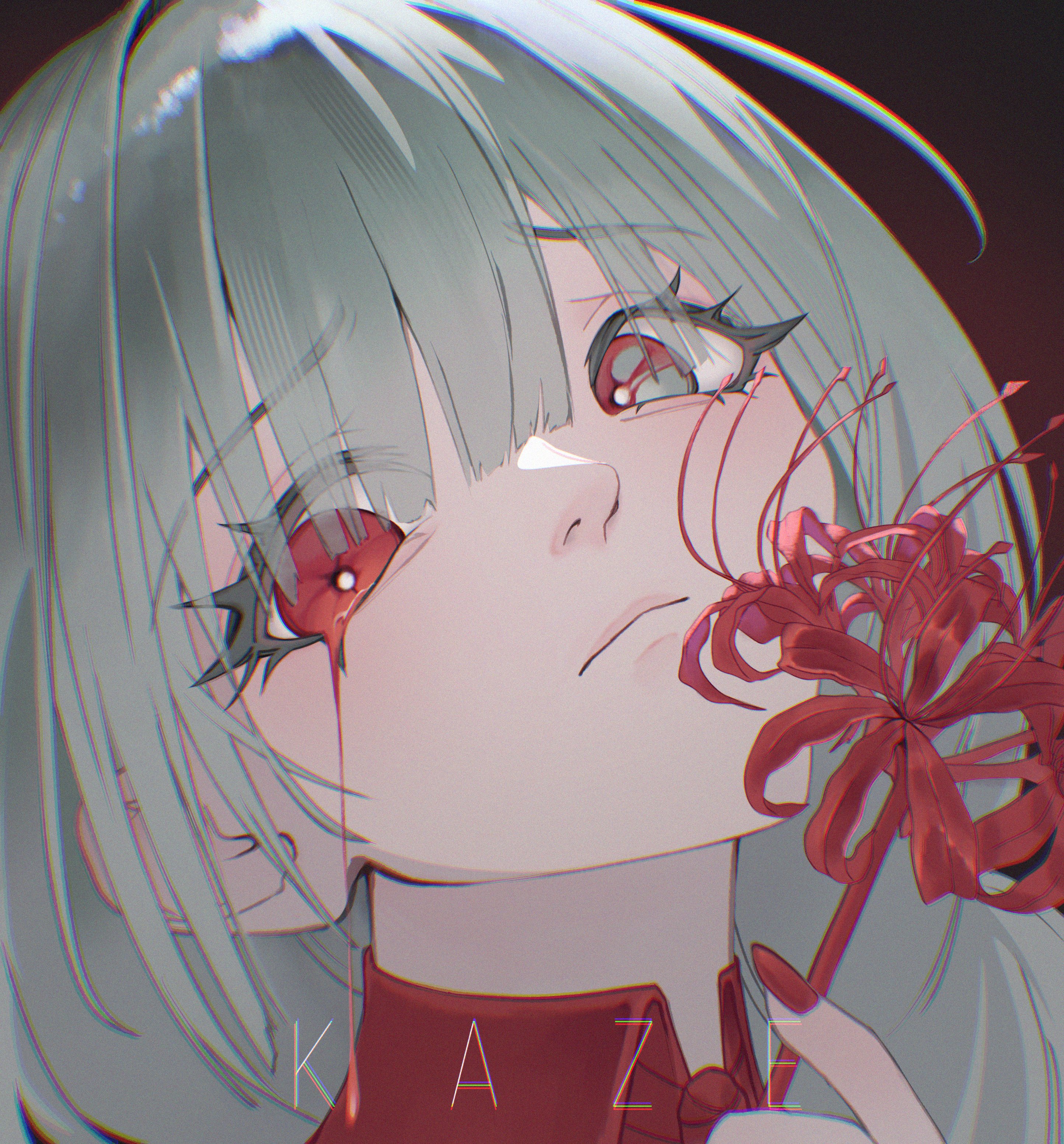 attakaikazeart, phrolova (wuthering waves), wuthering waves, absurdres, commentary, highres, symbol-only commentary, 1girl, artist name, blood, bloody tears, chromatic aberration, closed mouth, fingernails, flower, grey eyes, head tilt, heterochromia, holding, holding flower, long hair, looking at viewer, nail polish, portrait, red eyes, red nails, solo, spider lily