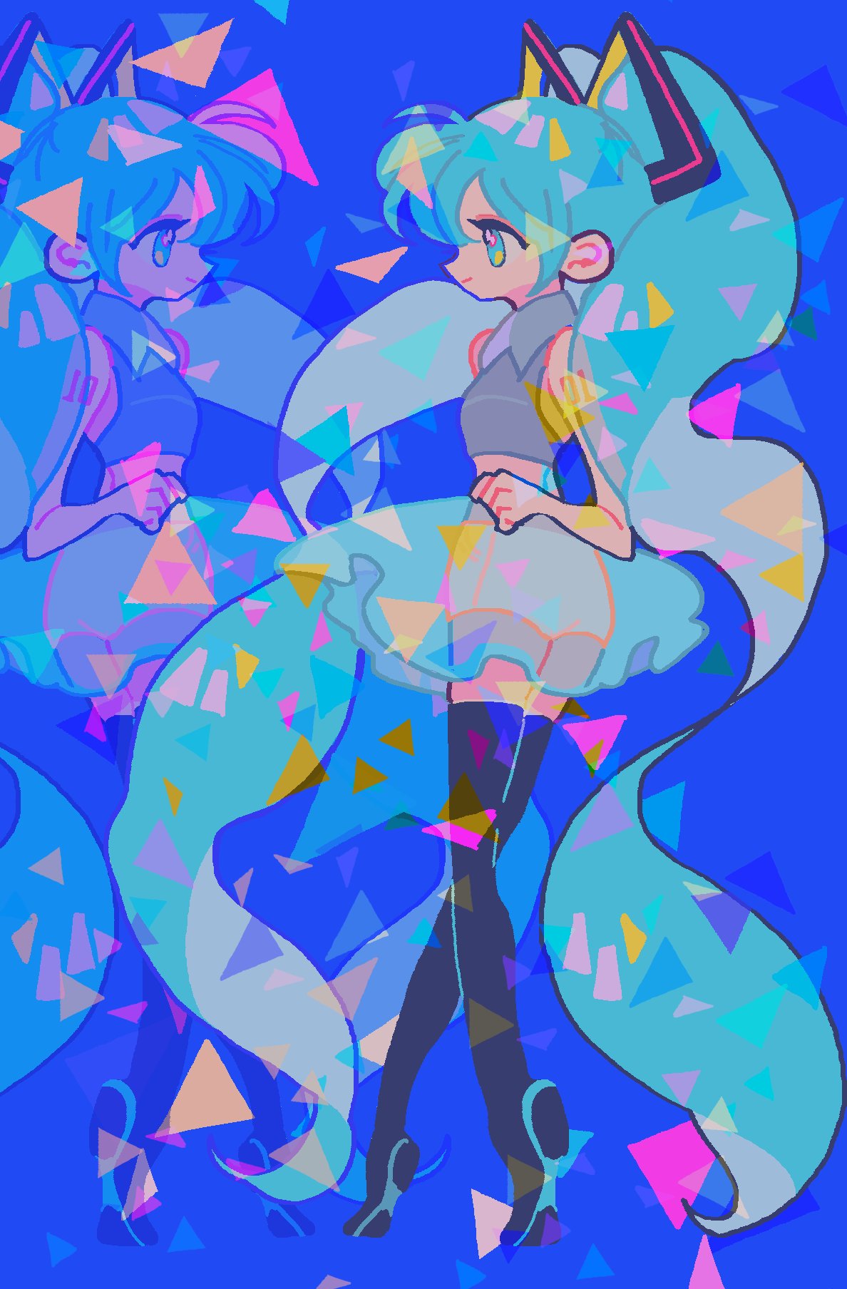 reed, hatsune miku, vocaloid, highres, 1girl, aqua eyes, aqua hair, blue background, blue theme, boots, collared shirt, crop top, full body, grey shirt, hair ornament, high heels, long hair, profile, shirt, simple background, skirt, sleeveless, sleeveless shirt, standing, thigh boots, thighhighs, triangle, twintails, very long hair, zettai ryouiki
