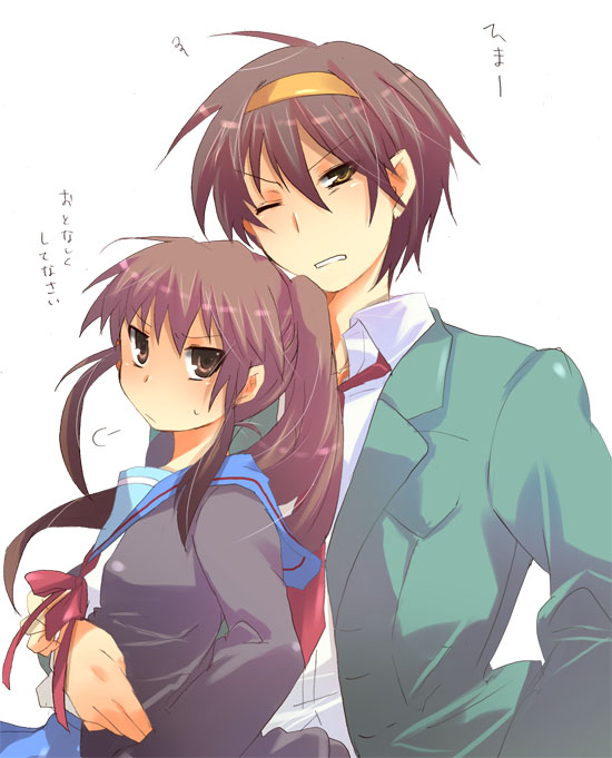 kurohara yuu, kyonko, suzumiya haruhi, suzumiya haruhiko, suzumiya haruhi no yuuutsu, 00s, 1boy, 1girl, ;o, blazer, blush, expressionless, genderswap, genderswap (ftm), genderswap (mtf), hairband, jacket, looking at viewer, necktie, one eye closed, parted lips, ponytail, red necktie, sailor collar, school uniform, serafuku, sidelocks, simple background, white background