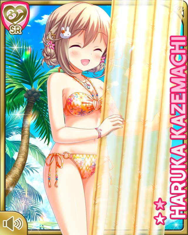 qp:flapper, kazemachi haruka, girlfriend (kari), official art, 1girl, :d, bare arms, bare legs, bare shoulders, barefoot, beach, bikini, brown hair, character name, closed eyes, day, hair ornament, hairclip, inflatable raft, looking at viewer, midriff, ocean, open mouth, orange bikini, outdoors, pink eyes, rabbit hair ornament, seashell, shell, short hair, skirt, smile, solo, swimsuit, tropical