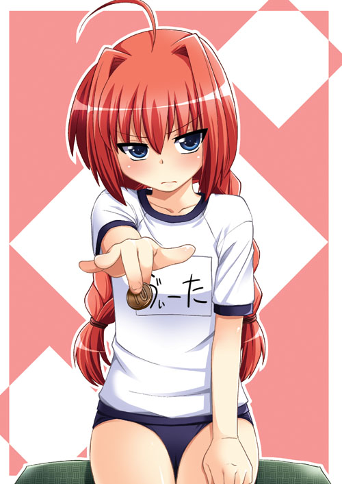 hijiri tsukasa, vita (nanoha), lyrical nanoha, mahou shoujo lyrical nanoha, mahou shoujo lyrical nanoha a's, bad id, bad pixiv id, 00s, ahoge, blue eyes, blush, braid, gym uniform, long hair, red hair, solo, twin braids