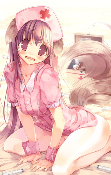 hanpen, puus, 1girl, animal ears, arm support, bed, blonde hair, bottomless, cuff links, dog ears, female focus, hat, kneeling, long hair, nurse, nurse cap, pantyhose, solo, syringe, tail, tears, wavy mouth, white pantyhose, wrist cuffs