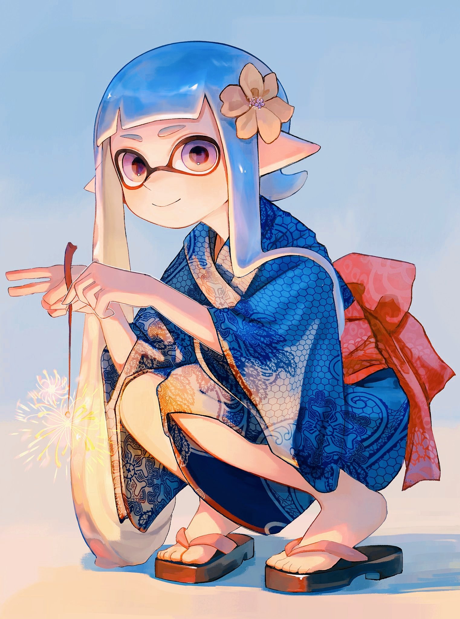 kodak painter, inkling girl, inkling player character, nintendo, splatoon (series), highres, 1girl, blue hair, blue kimono, closed mouth, fireworks, flower, full body, hair flower, hair ornament, holding, holding fireworks, inkling, japanese clothes, kimono, long hair, long sleeves, looking at viewer, multicolored eyes, obi, pointy ears, print kimono, purple eyes, sash, smile, solo, sparkler, tabi, tentacle hair, two-tone eyes, v, wide sleeves, yellow eyes, yellow flower