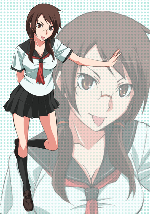 yomi (indigoriver), isone kotoha, yozakura quartet, 1girl, :p, arm behind back, black socks, breasts, brown eyes, brown hair, cleavage, female focus, full body, glasses, hair over shoulder, kneehighs, legs, loafers, long hair, looking at viewer, miniskirt, necktie, outstretched arm, parted bangs, pleated skirt, polka dot, polka dot background, rimless eyewear, school uniform, scrunchie, serafuku, shirt, shoes, short sleeves, skirt, socks, solo, standing, standing on one leg, swept bangs, taut clothes, taut shirt, tongue, tongue out, twintails, zoom layer