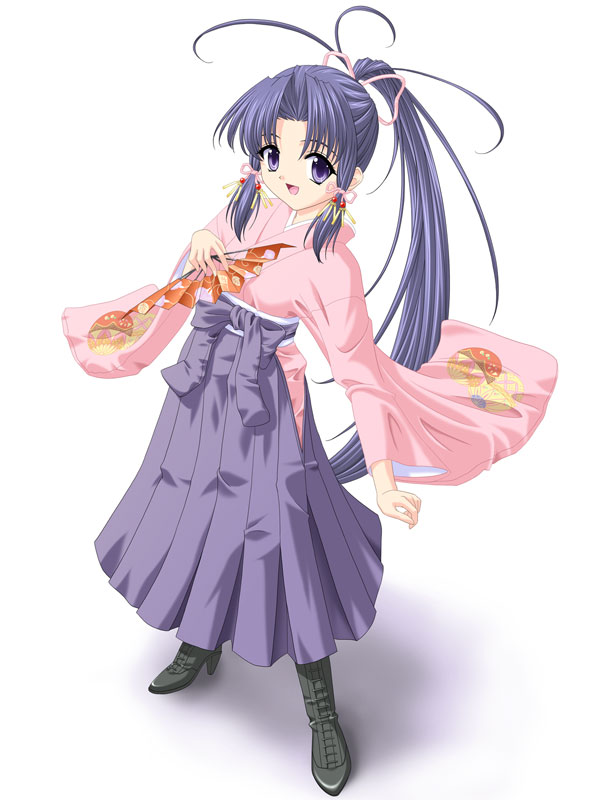 masakichi (crossroad), haruka (sister princess), sister princess, 00s, 1girl, boots, female focus, folding fan, foreshortening, hakama, hakama skirt, hand fan, high heels, japanese clothes, kimono, long hair, meiji schoolgirl uniform, ponytail, skirt, solo, very long hair