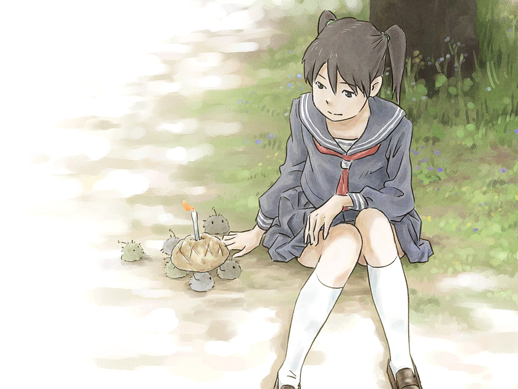 tnt (aaaazzzz), amasawa yuuko, dennou coil, 00s, 1girl, black serafuku, black skirt, brown eyes, brown hair, cake, candle, carrying, closed mouth, creature, day, female focus, fire, food, grass, hair tie, happy, kneehighs, knees together feet apart, knees up, loafers, long sleeves, looking down, neckerchief, on ground, outdoors, red neckerchief, school uniform, serafuku, shoes, skirt, smile, socks, solo, tree, two side up, under tree, white socks