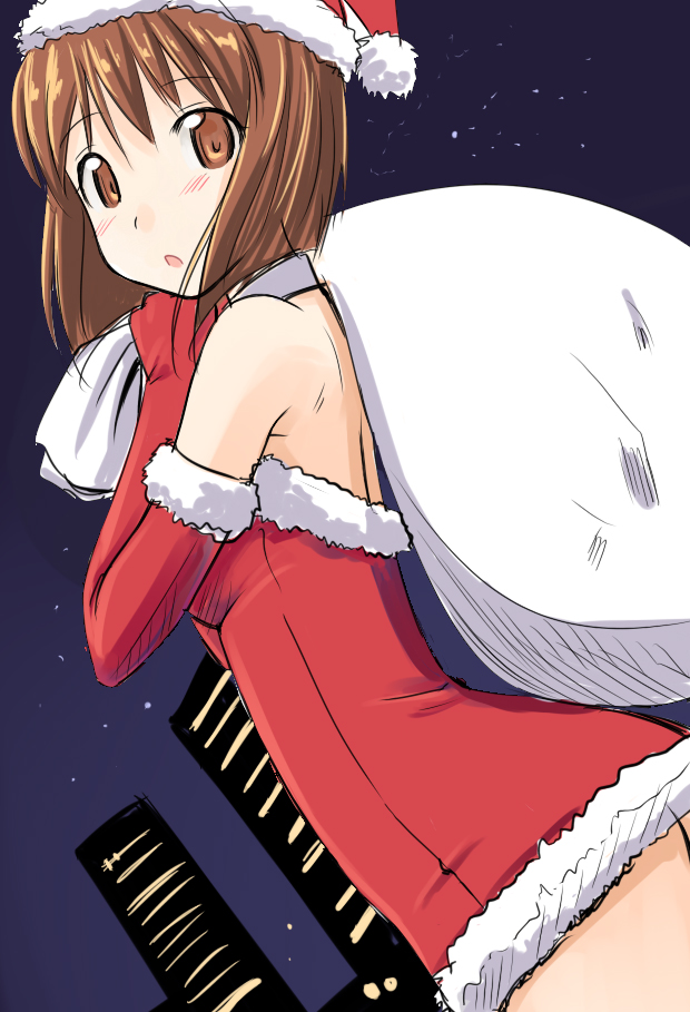 takayaki, hagiwara yukiho, idolmaster, idolmaster (classic), idolmaster 1, 00s, 1girl, blush, brown eyes, brown hair, building, christmas, city, dress, dutch angle, elbow gloves, female focus, from side, gloves, hat, looking at viewer, night, open mouth, outdoors, sack, santa costume, santa hat, short hair, sky, solo, star (sky), starry sky, strapless, strapless dress