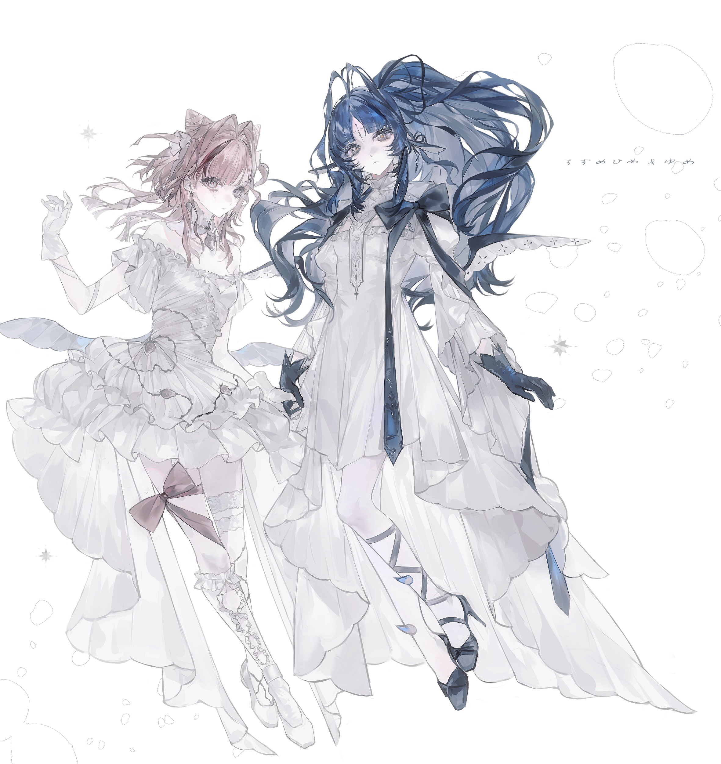 original, absurdres, highres, 2girls, ahoge, antenna hair, bare shoulders, blue gloves, blue ribbon, blunt bangs, boots, bow, braid, breasts, choker, closed mouth, dress, elbow gloves, frilled choker, frilled dress, frilled sleeves, frills, gloves, hair bun, hair intakes, hair ornament, hair ribbon, heilanshuimuchu, high heels, jewelry, leg ribbon, long hair, long sleeves, looking at viewer, multiple girls, off-shoulder dress, off shoulder, parted bangs, pink bow, pink eyes, pink hair, ponytail, ribbon, simple background, standing, standing on one leg, strapless, strapless dress, thighhighs, white background, white gloves