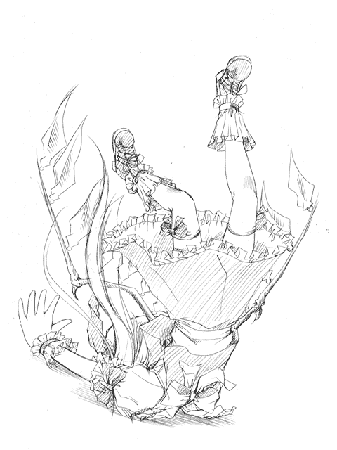 aozora market, flandre scarlet, touhou, 1girl, faceplant, female focus, greyscale, monochrome, sketch, solo, thighhighs, wings