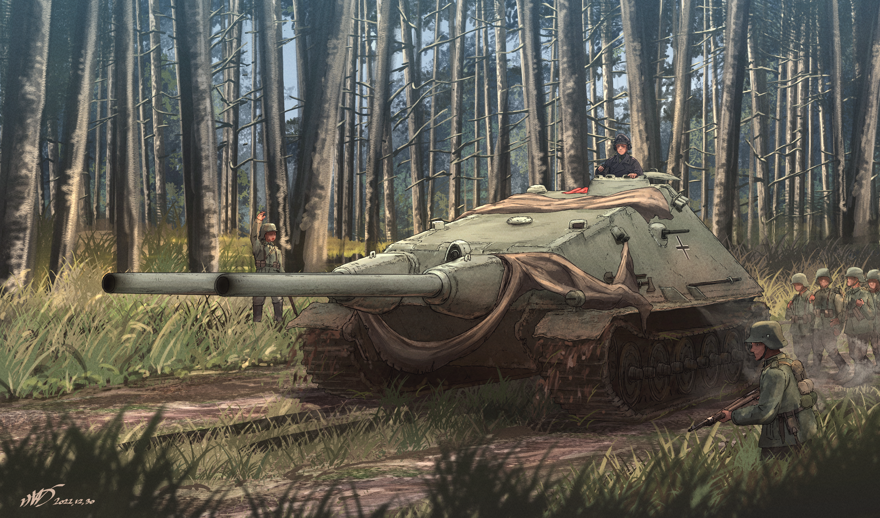 aoi waffle, original, highres, balkenkreuz, caterpillar tracks, combat helmet, cross, dated, forest, grass, gun, helmet, holding, holding weapon, jacket, leaf, long sleeves, military, military combat uniform, military uniform, military vehicle, motor vehicle, multiple boys, nature, rifle, short hair, soldier, tank, tree, turretless tank, weapon